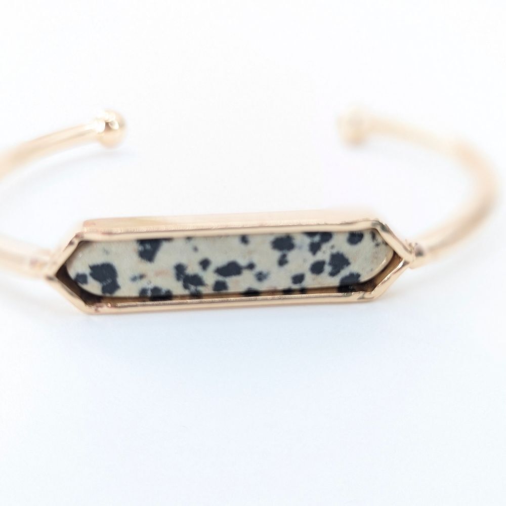 Dalmatian Jasper Cream Gold Tone Rectangle Slip on Cuff Bracelet